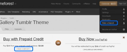 ThemeForestに入金（Make a Deposit）