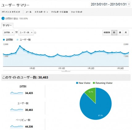 2013年1月の日別アクセス解析結果（Google Analytics使用）