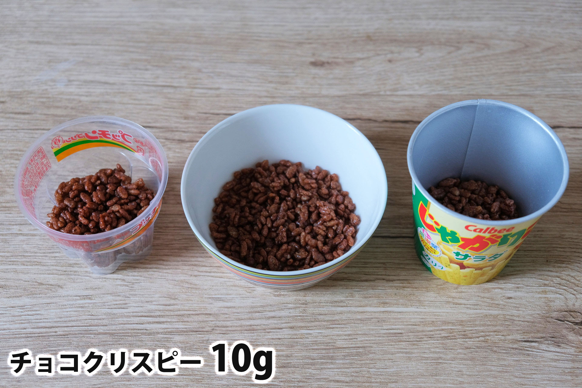 チョコクリスピー10gを「Bigプッチンプリン」「250mlボウル」「じゃがりこカップ」に入れた時の目安