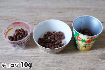 チョコワ10gを「Bigプッチンプリン」「250mlボウル」「じゃがりこカップ」に入れた時の目安