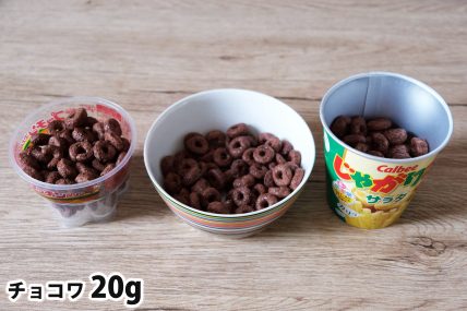 チョコワ20gを「Bigプッチンプリン」「250mlボウル」「じゃがりこカップ」に入れた時の目安