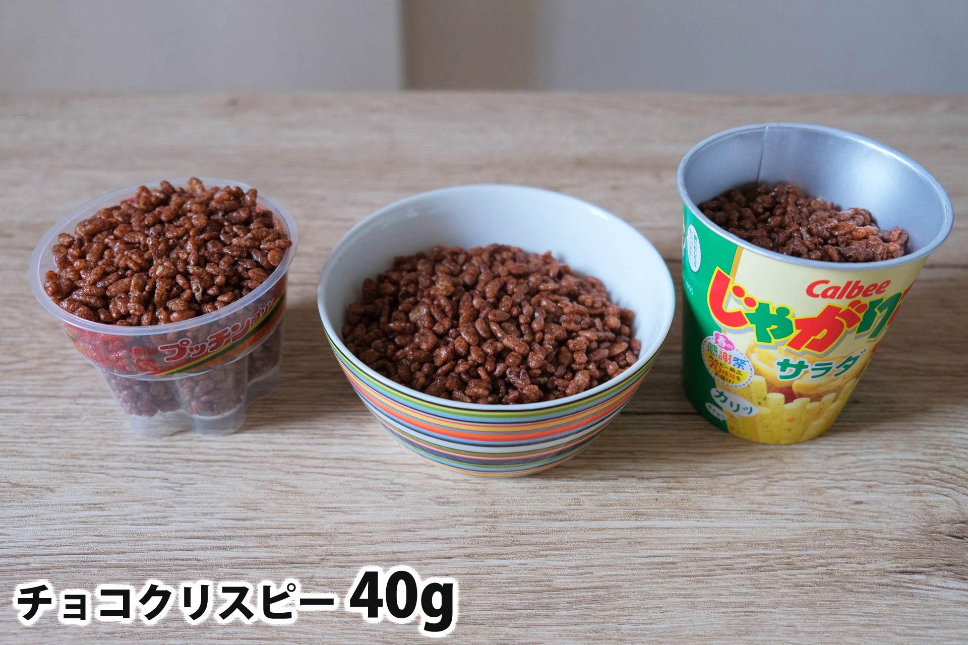 チョコクリスピー40gを「Bigプッチンプリン」「250mlボウル」「じゃがりこカップ」に入れた時の目安