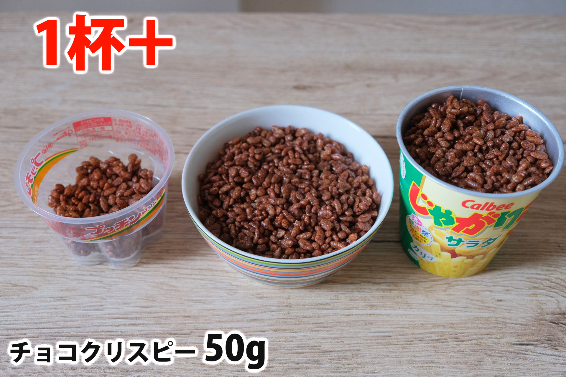 チョコクリスピー50gを「Bigプッチンプリン」「250mlボウル」「じゃがりこカップ」に入れた時の目安