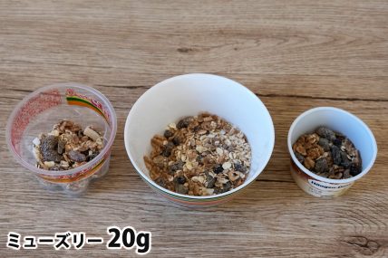 ミューズリー20gを「Bigプッチンプリン」「250mlボウル」「ハーゲンダッツ」に入れた時の目安