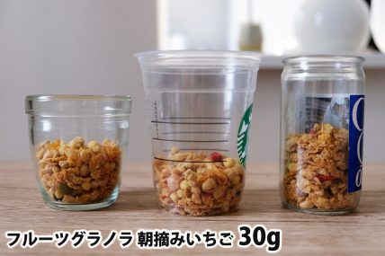 フルーツグラノラ 朝摘みいちご30gを「モロゾフ」「トールサイズのカップ」「ワンカップ大関」に入れた時の目安