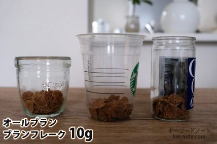 ブランフレーク10gを「モロゾフ」「トールサイズのカップ」「ワンカップ大関」に入れた時の目安