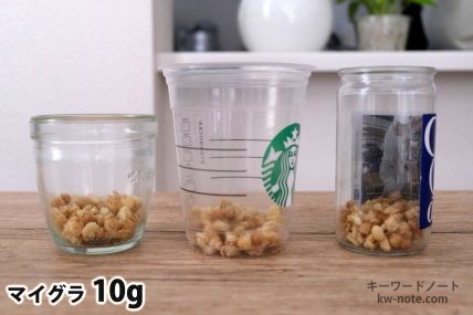 マイグラ10gを「モロゾフ」「トールサイズのカップ」「ワンカップ大関」に入れた時の目安