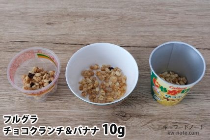 フルグラチョコクランチ&バナナ10gを「Bigプッチンプリン」「250mlボウル」「じゃがりこ」に入れた時の目安