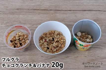 フルグラチョコクランチ&バナナ20gを「Bigプッチンプリン」「250mlボウル」「じゃがりこ」に入れた時の目安