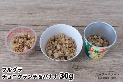 フルグラチョコクランチ&バナナ30gを「Bigプッチンプリン」「250mlボウル」「じゃがりこ」に入れた時の目安