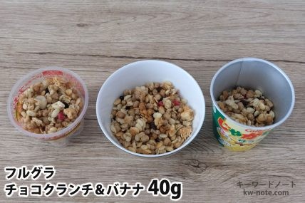 フルグラチョコクランチ&バナナ40gを「Bigプッチンプリン」「250mlボウル」「じゃがりこ」に入れた時の目安