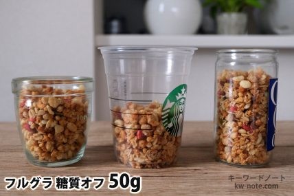 フルグラ糖質オフ50gを「モロゾフ」「トールサイズのカップ」「ワンカップ大関」に入れた時の目安
