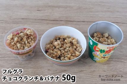 フルグラチョコクランチ&バナナ50gを「Bigプッチンプリン」「250mlボウル」「じゃがりこ」に入れた時の目安