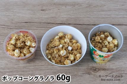 ポップコーングラノラ60gを「Bigプッチンプリン」「250mlボウル」「じゃがりこ」に入れた時の目安