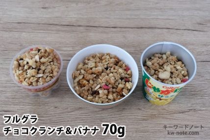 フルグラチョコクランチ&バナナ70gを「Bigプッチンプリン」「250mlボウル」「じゃがりこ」に入れた時の目安