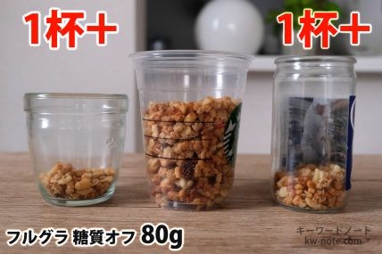 フルグラ糖質オフ80gを「モロゾフ」「トールサイズのカップ」「ワンカップ大関」に入れた時の目安